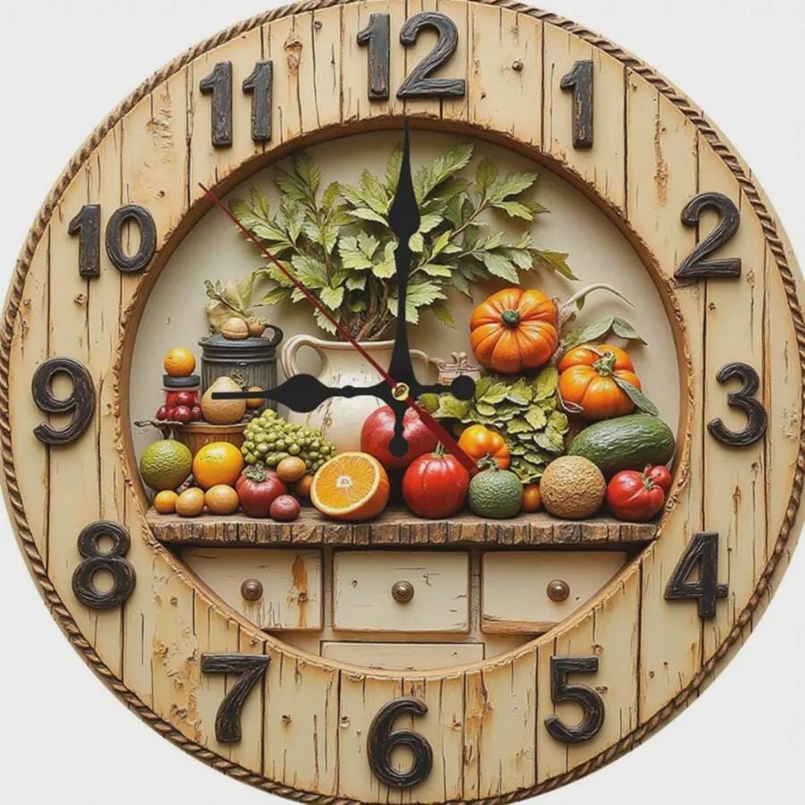 Rustic Wall Clock MDF 3D Look 2D Printed Silent Non Ticking Wooden Clock for Farmhouse Kitchen Living Room Office Wall Decor