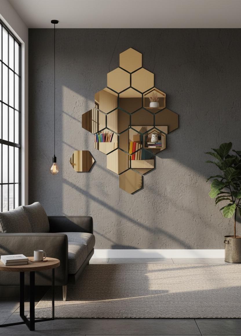 Gold Honeycomb Mirror Wall Stickers Set of 12 Hexagon Acrylic Mirror for Hallway Living Room Bedroom Modern Wall Decor