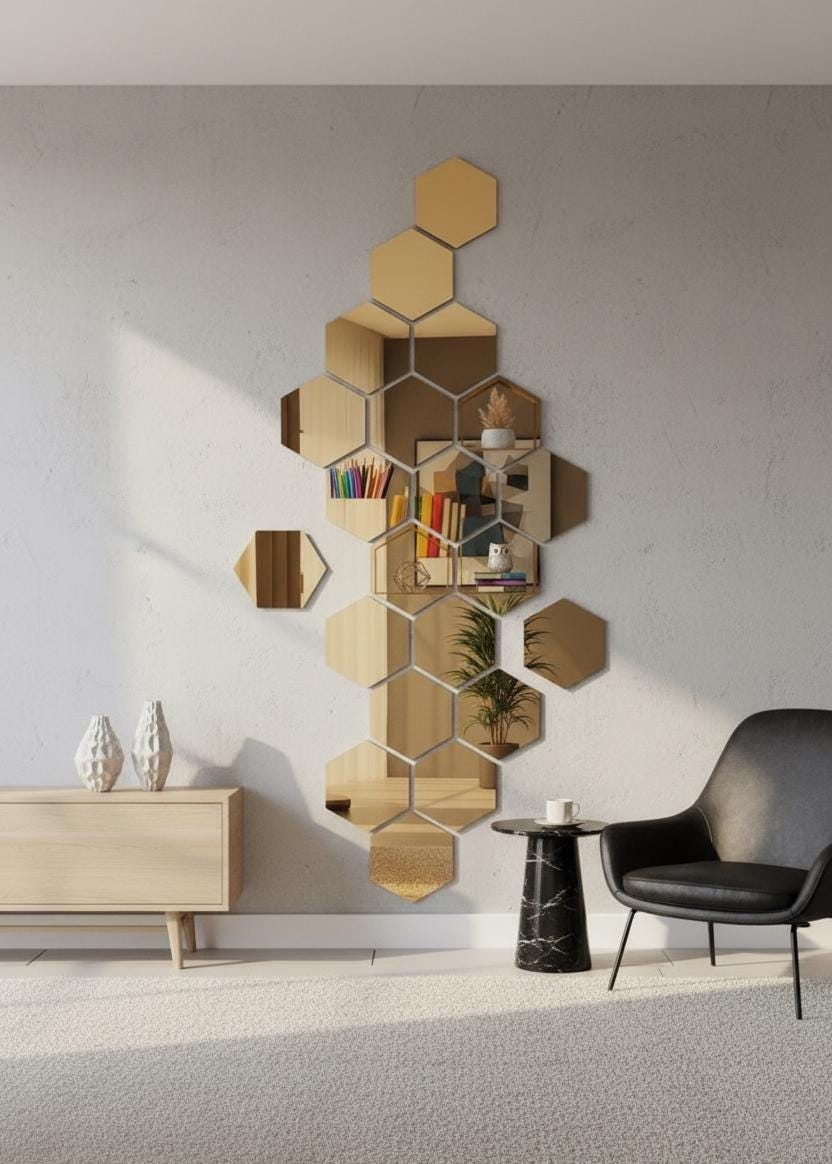 Gold Honeycomb Mirror Wall Stickers Set of 12 Hexagon Acrylic Mirror for Hallway Living Room Bedroom Modern Wall Decor