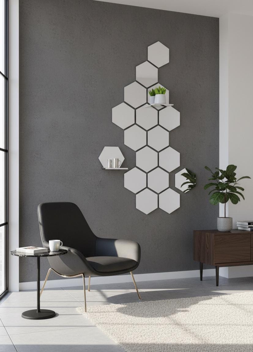 Gold Honeycomb Mirror Wall Stickers Set of 12 Hexagon Acrylic Mirror for Hallway Living Room Bedroom Modern Wall Decor