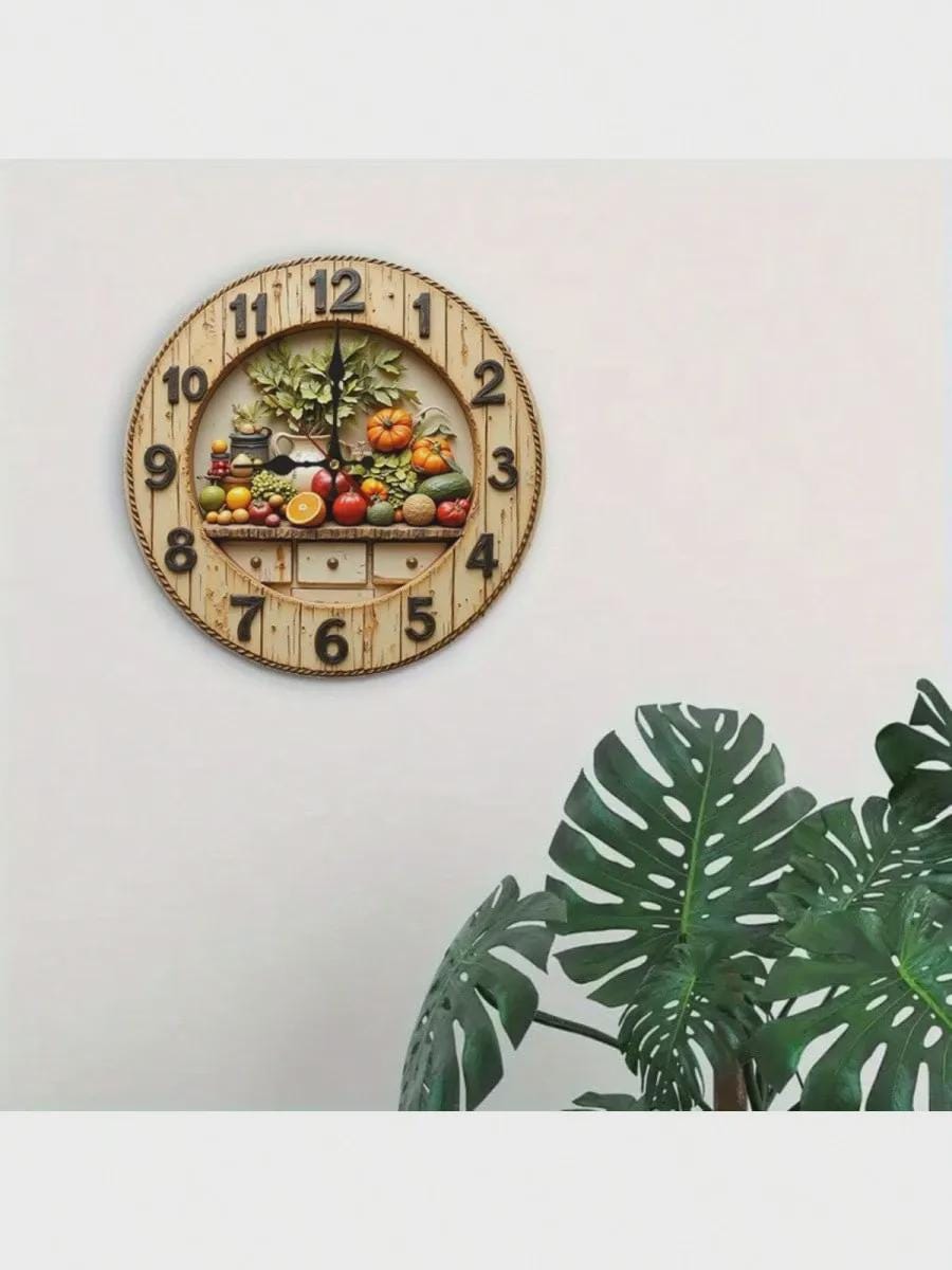 Rustic Harvest Wall Clock – 3D Look Printed MDF Farmhouse Kitchen Decor