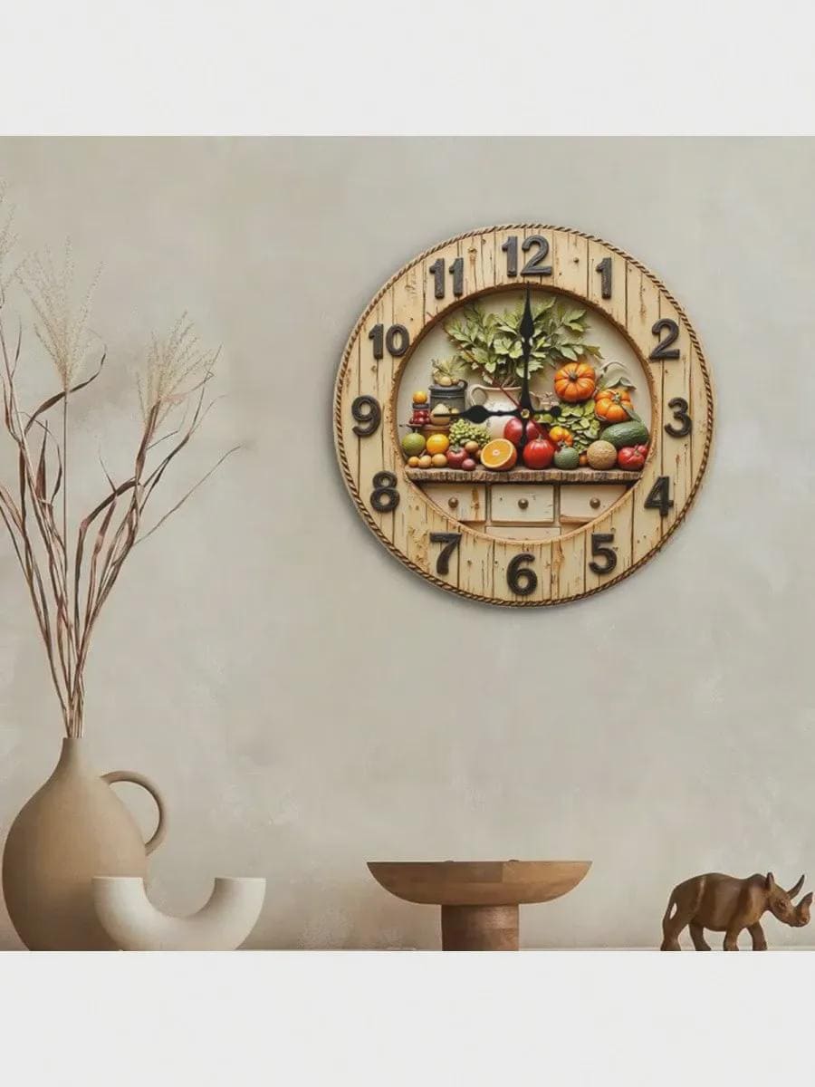 Rustic Harvest Wall Clock – 3D Look Printed MDF Farmhouse Kitchen Decor
