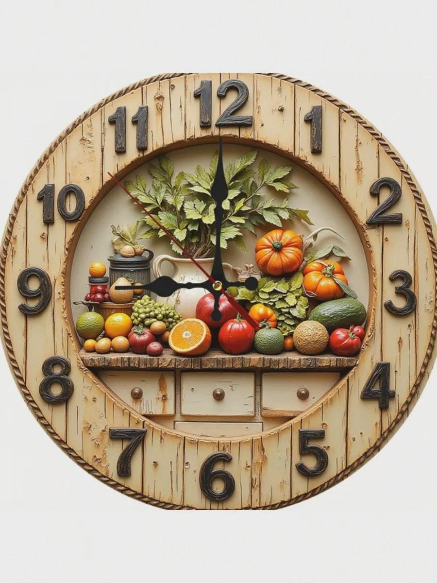 Rustic Harvest Wall Clock – 3D Look Printed MDF Farmhouse Kitchen Decor