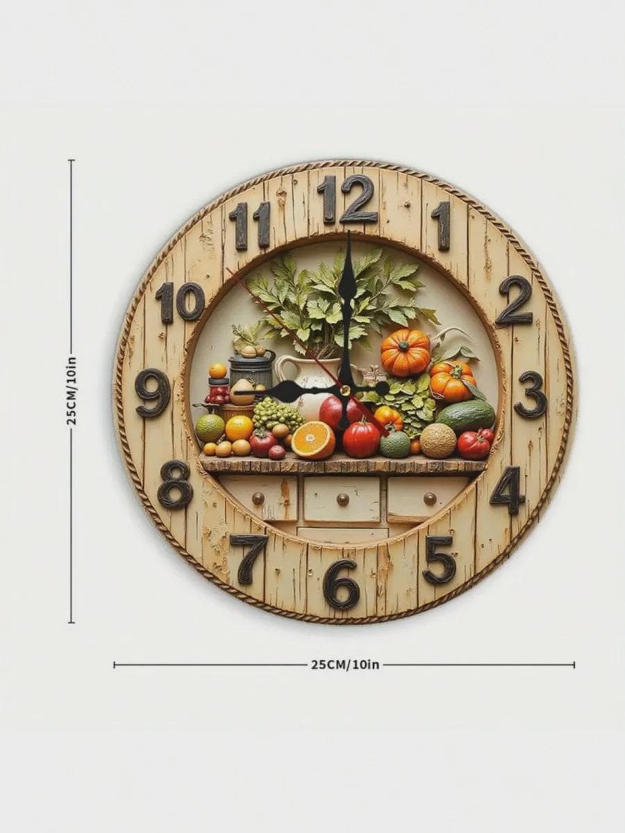 Rustic Harvest Wall Clock – 3D Look Printed MDF Farmhouse Kitchen Decor
