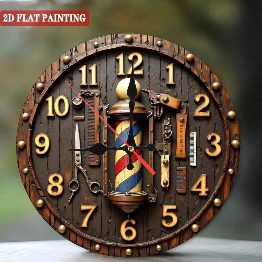 Vintage Barber Shop Wall Clock 3D Look 2D Printed Silent Wooden Clock with Tools Design for Salon Man Cave Rustic Retro Decor