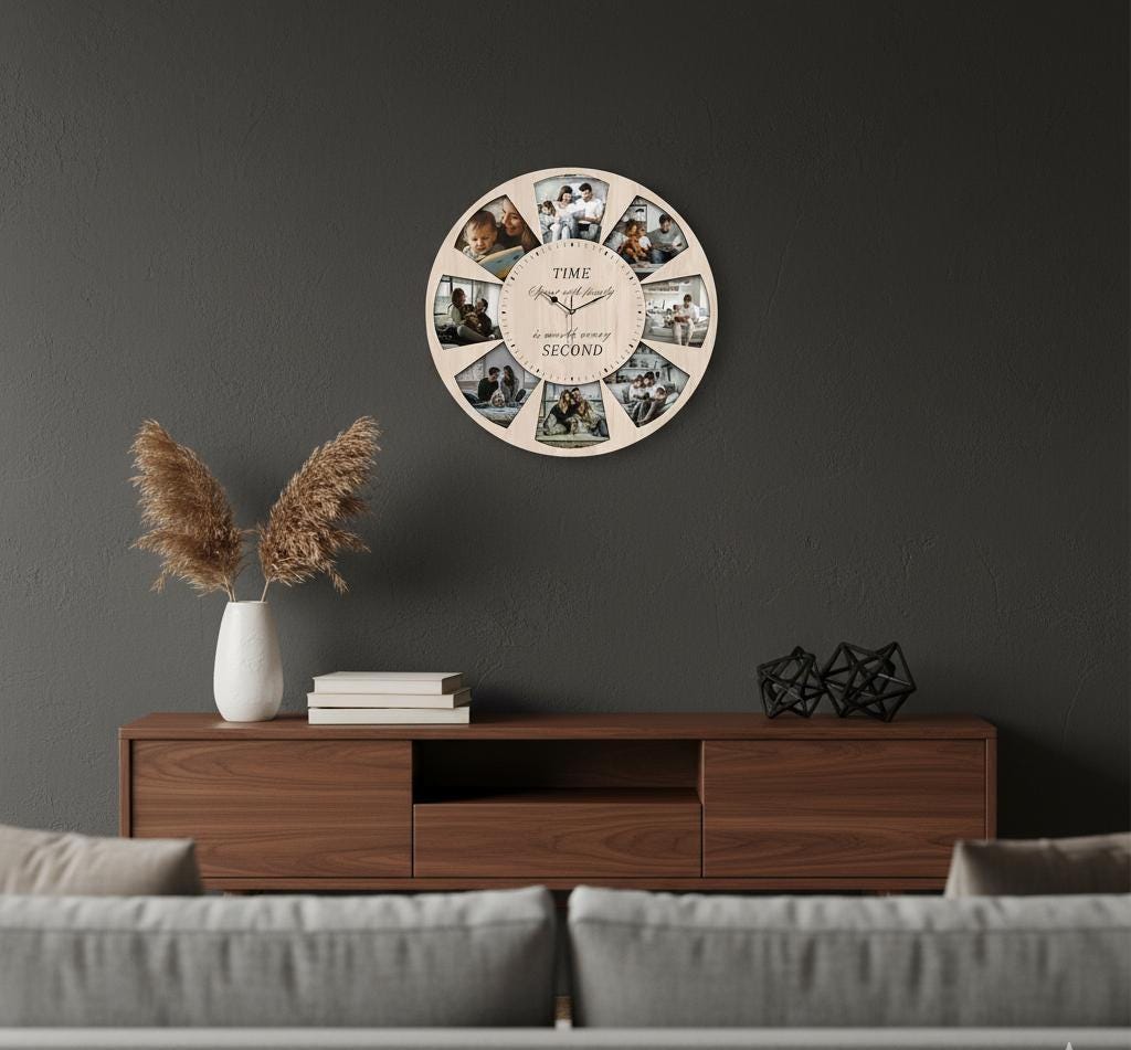 Personalized Family Photo Wall Clock with Custom Picture Slots, Rustic Home Decor Gift for Parents, Unique Keepsake Wall Art