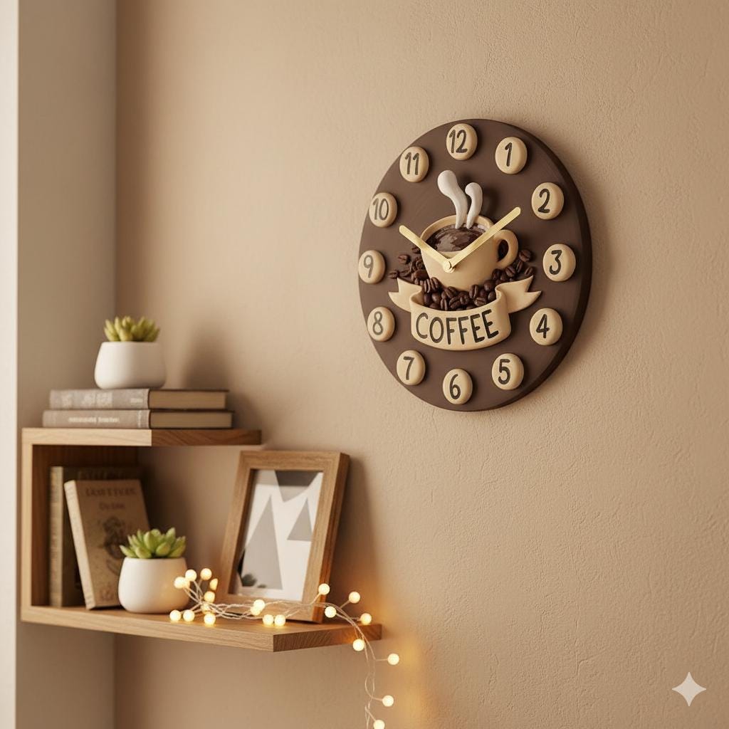 Coffee Wall Clock 3D Look 2D Printed Silent Rustic MDF Clock for Kitchen Coffee Bar Cafe Decor Non Ticking Vintage Coffee Design