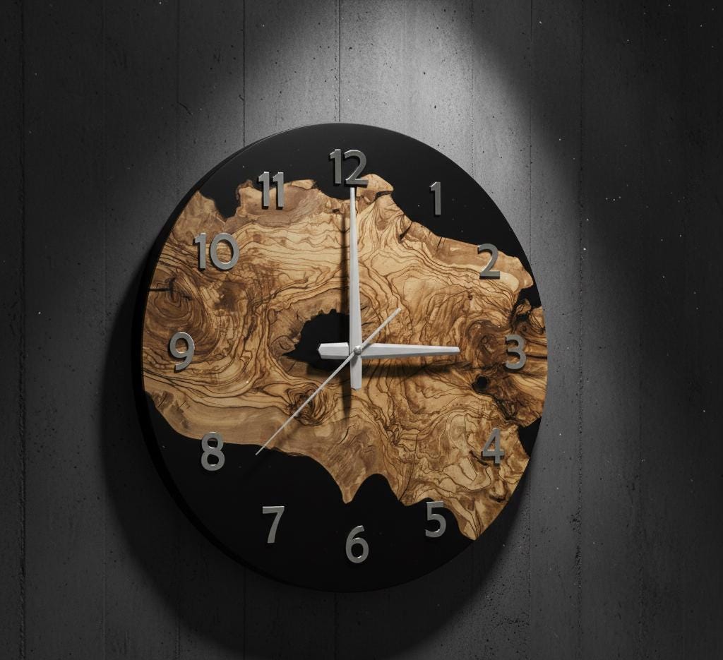 Epoxy Look Olive Wood Wall Clock 2D Printed Silent Rustic Clock with Tree Texture for Living Room Kitchen Modern Wall Clock