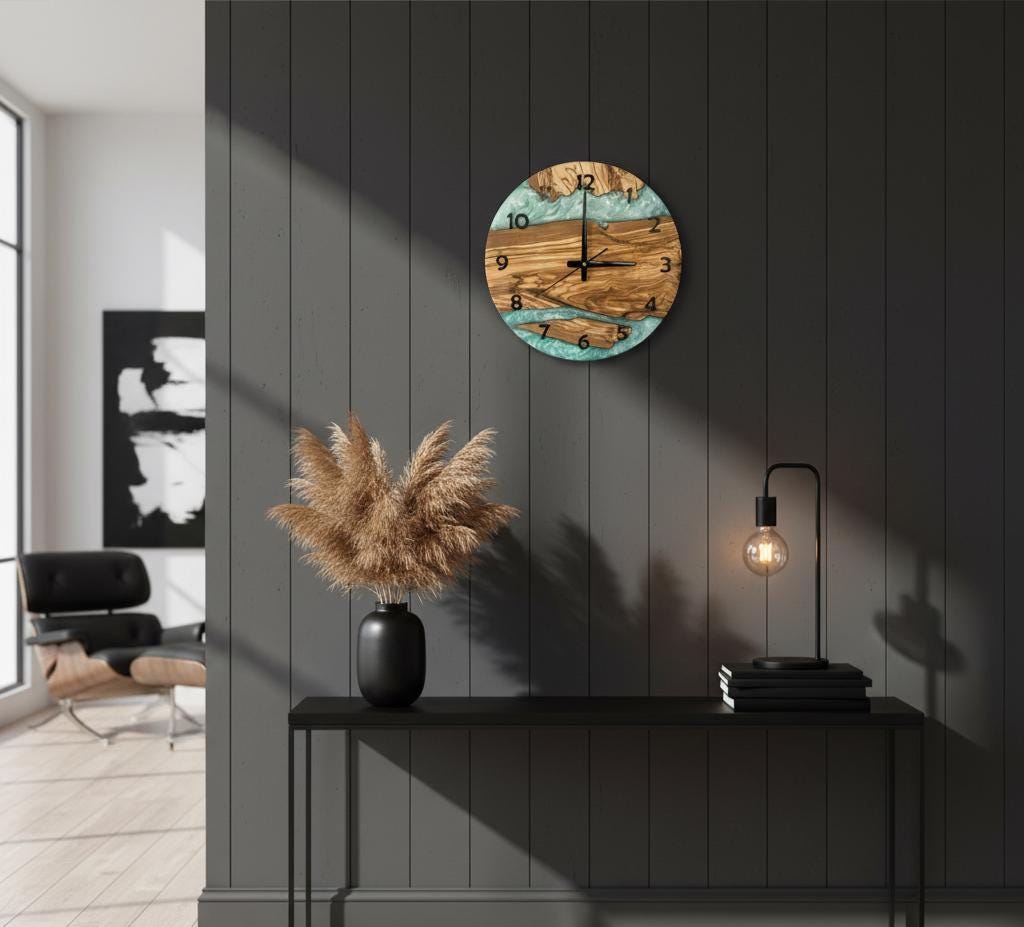 Kitchen Wall Clock, Epoxy Look Olive Wood Clock, Modern Rustic Silent Wall Clock, 2D Printed Turquoise Resin Style, Living Room Office Decor