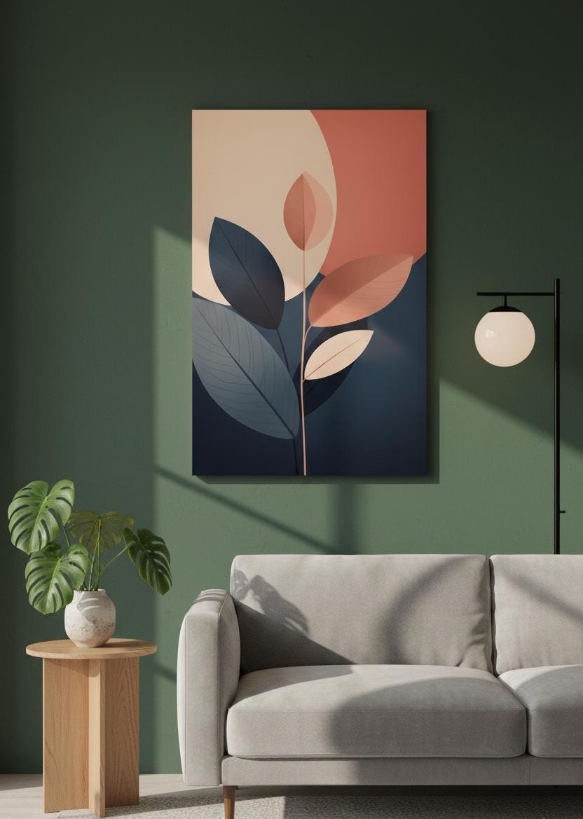 Abstract Botanical Wall Art Printed on MDF, Modern Plant Artwork for Living Room, Minimal Nature Print Home Decor Panel Painting