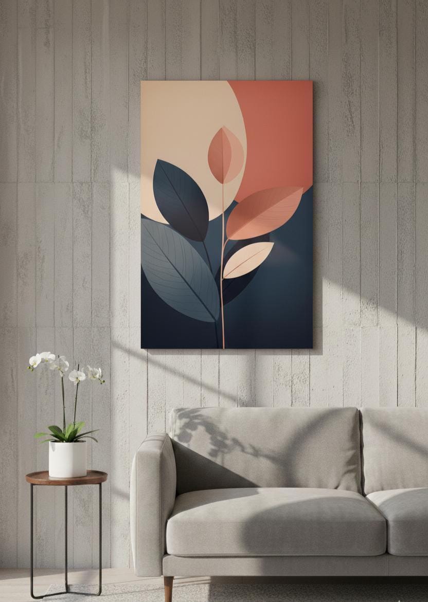 Abstract Botanical Wall Art Printed on MDF, Modern Plant Artwork for Living Room, Minimal Nature Print Home Decor Panel Painting