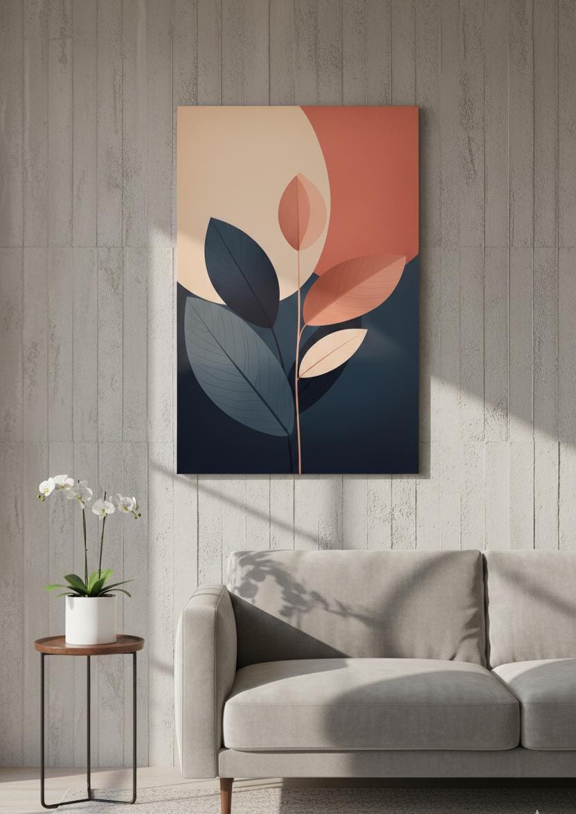 Abstract Botanical Wall Art Printed on MDF, Modern Plant Artwork for Living Room, Minimal Nature Print Home Decor Panel Painting