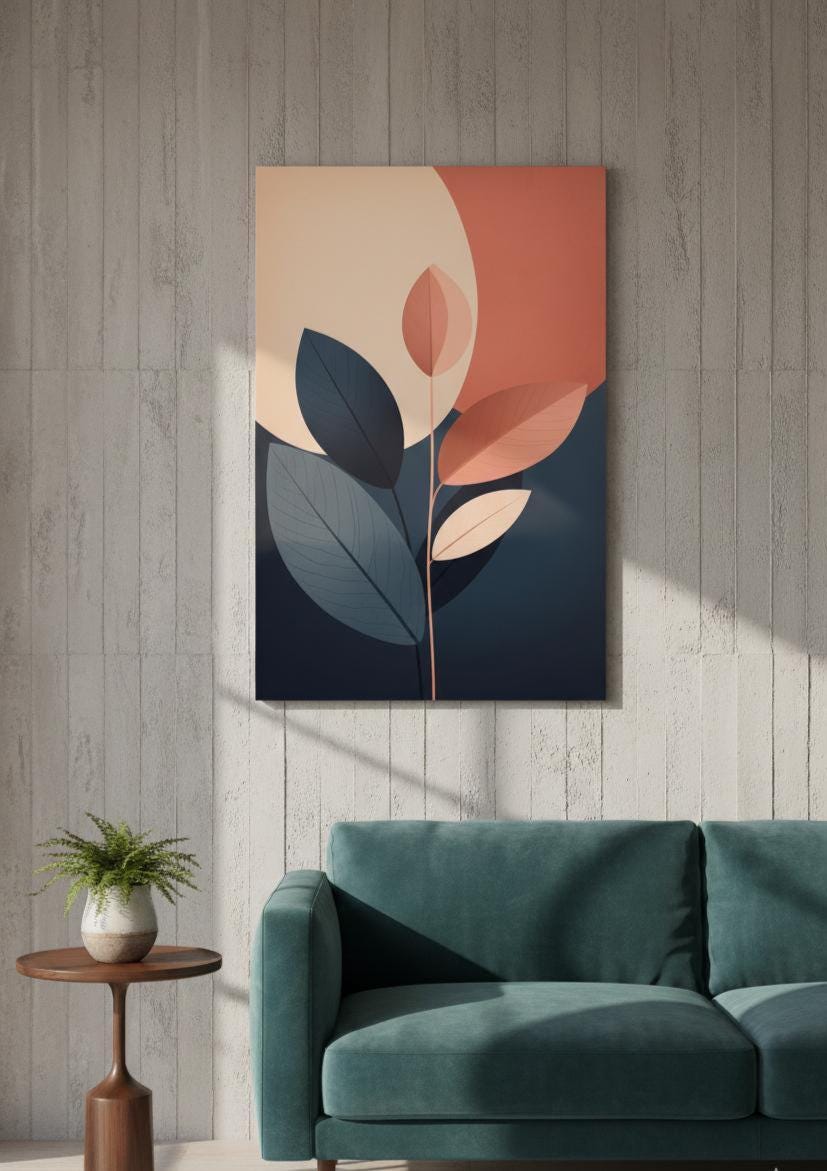 Abstract Botanical Wall Art Printed on MDF, Modern Plant Artwork for Living Room, Minimal Nature Print Home Decor Panel Painting
