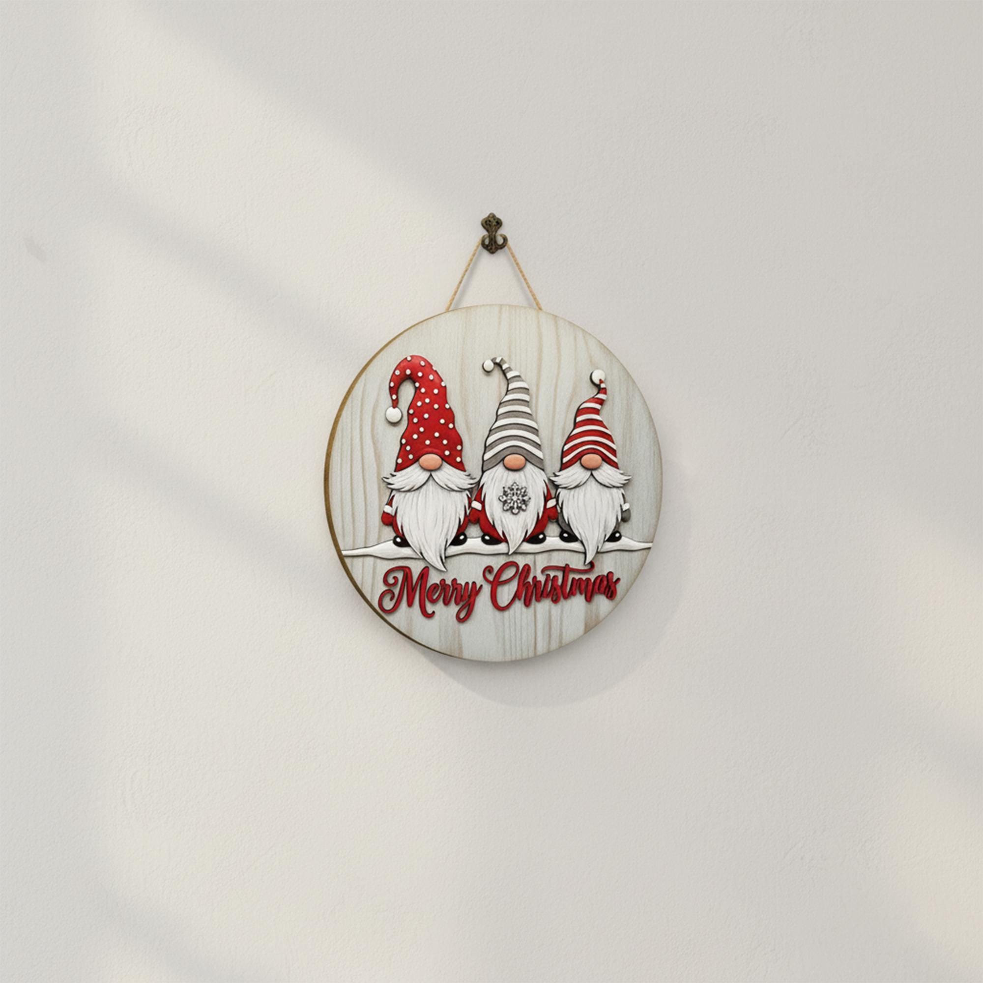 Merry Christmas Door Sign with Three Gnomes, Rustic Holiday Porch Decor,  Halloween Wreath 2D Printed