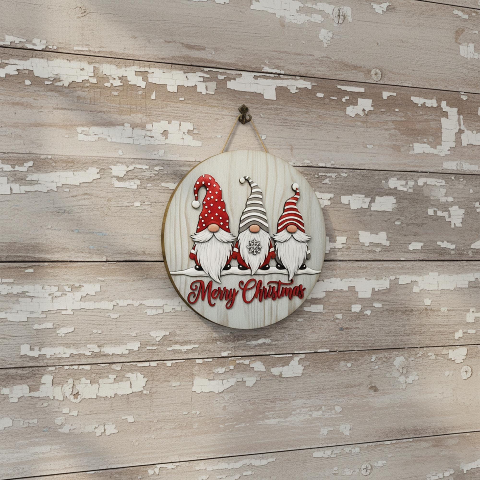 Merry Christmas Door Sign with Three Gnomes, Rustic Holiday Porch Decor,  Halloween Wreath 2D Printed