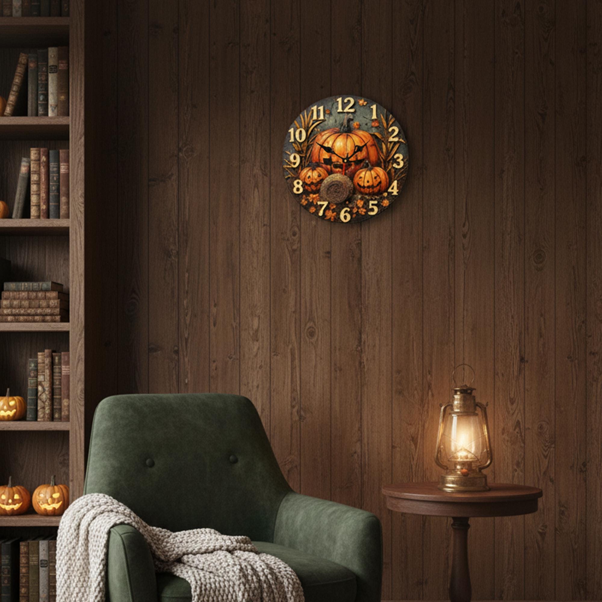 Spooky Pumpkin Patch Wall Clock, Halloween Decor on 2D Printed MDF, Rustic Fall Timepiece