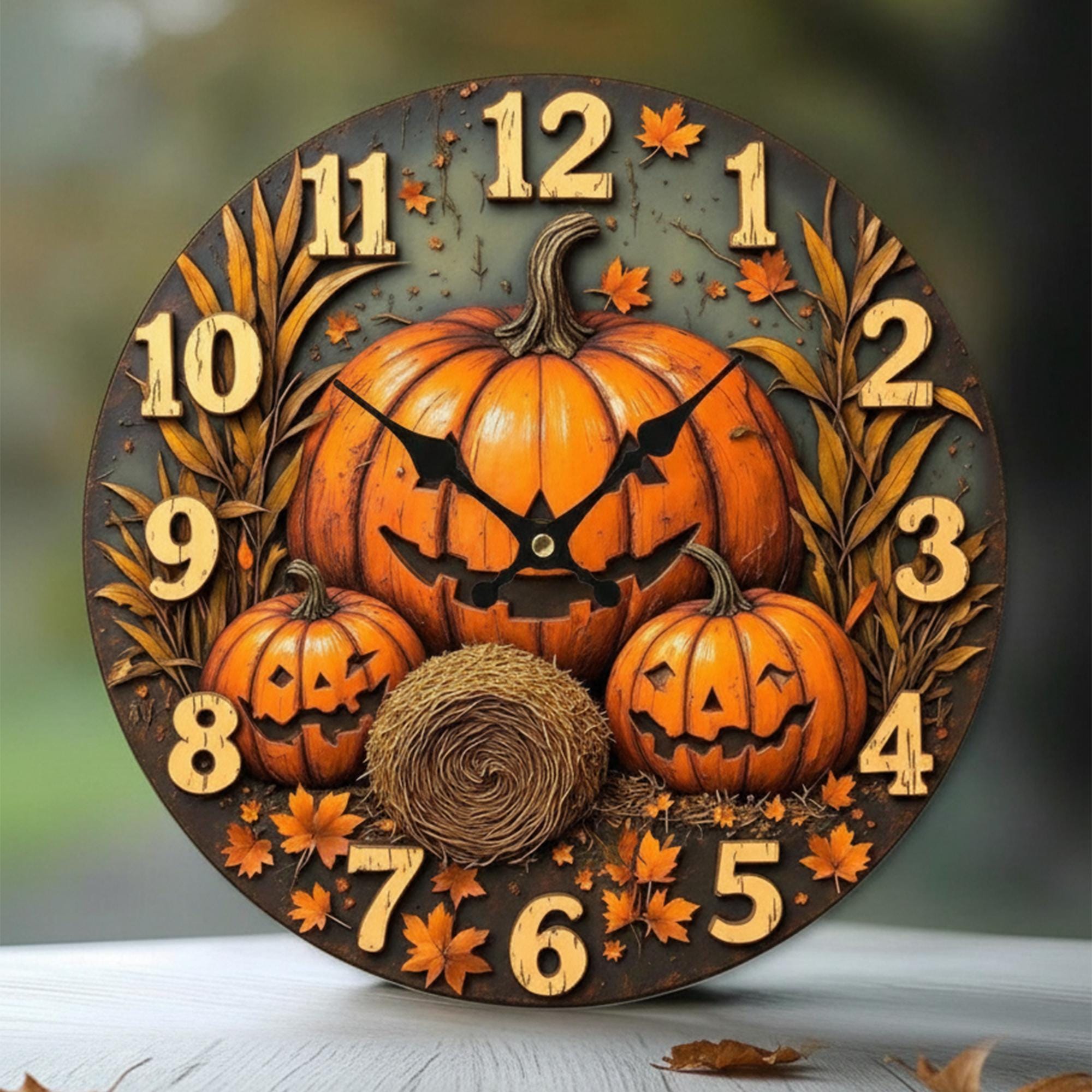 Spooky Pumpkin Patch Wall Clock, Halloween Decor on 2D Printed MDF, Rustic Fall Timepiece