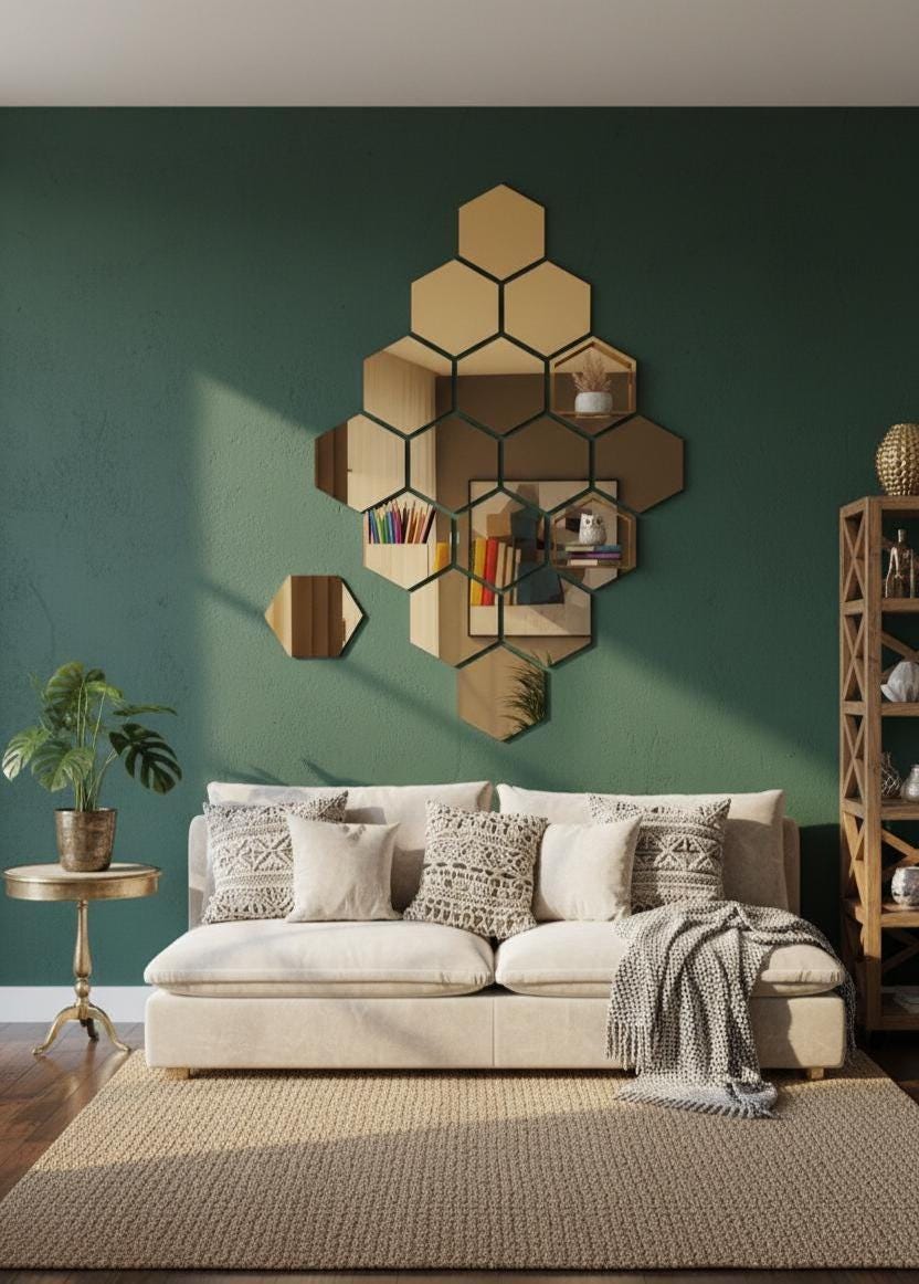 Gold Honeycomb Mirror Wall Stickers Set of 12 Hexagon Acrylic Mirror for Hallway Living Room Bedroom Modern Wall Decor