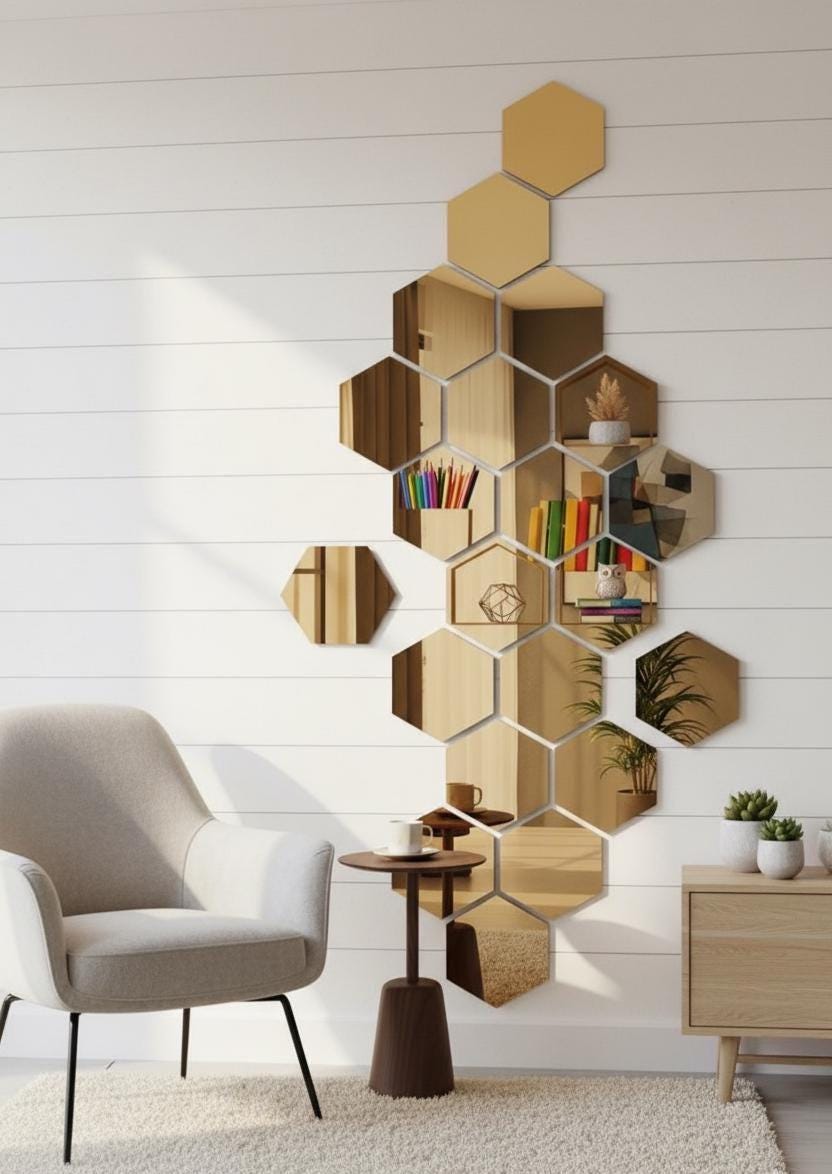 Gold Honeycomb Mirror Wall Stickers Set of 12 Hexagon Acrylic Mirror for Hallway Living Room Bedroom Modern Wall Decor