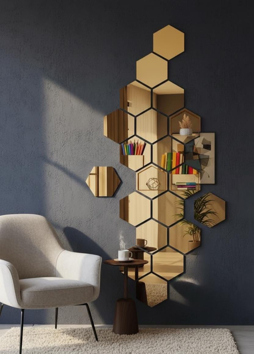 Gold Honeycomb Mirror Wall Stickers Set of 12 Hexagon Acrylic Mirror for Hallway Living Room Bedroom Modern Wall Decor
