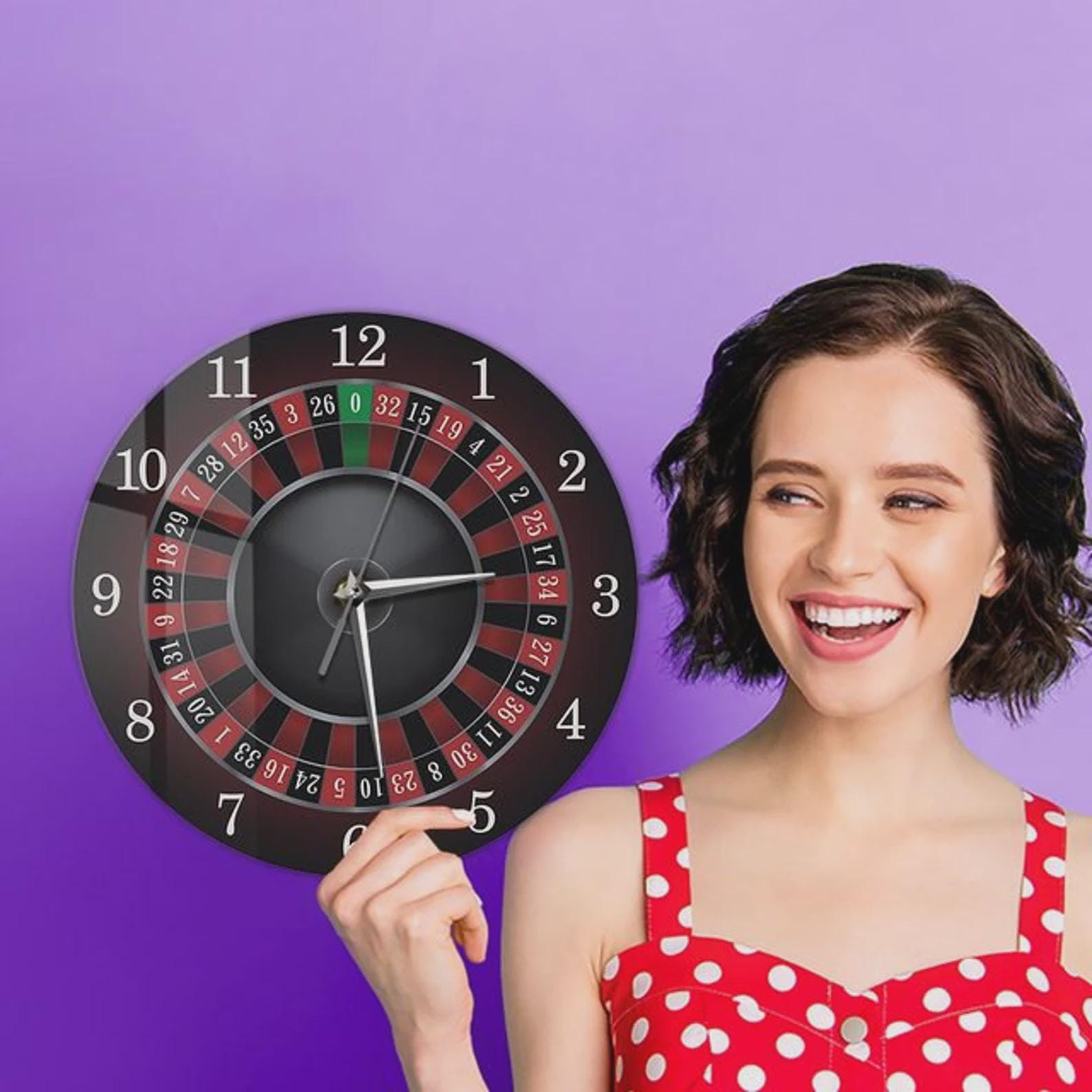 Roulette Wall Clock MDF Print 35x35 cm Casino Decor for Man Cave Las Vegas Style Poker Room Game Room Gambler Gift Wall Art