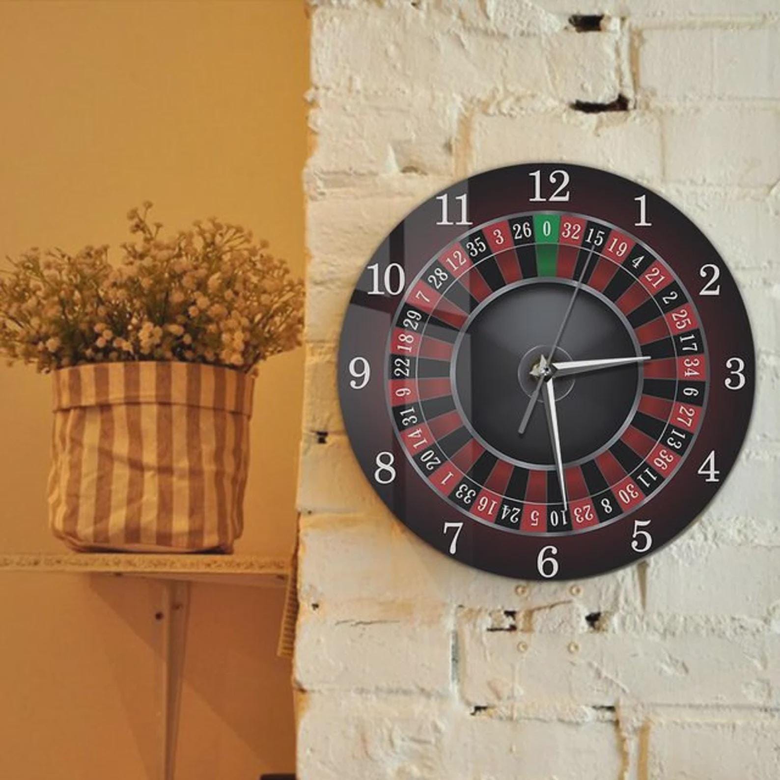 Roulette Wall Clock MDF Print 35x35 cm Casino Decor for Man Cave Las Vegas Style Poker Room Game Room Gambler Gift Wall Art