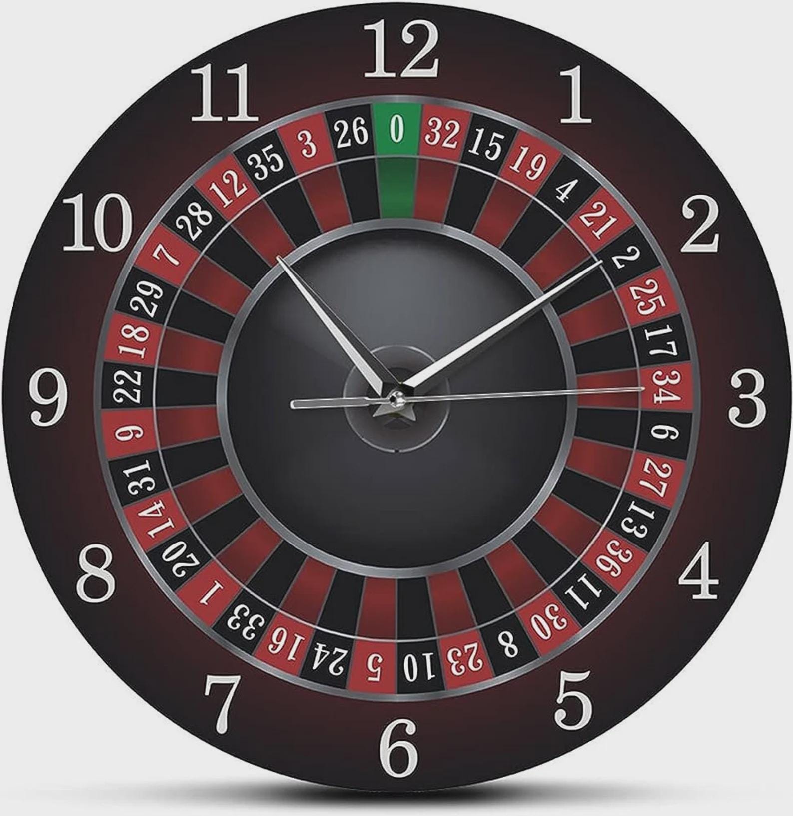 Roulette Wall Clock MDF Print 35x35 cm Casino Decor for Man Cave Las Vegas Style Poker Room Game Room Gambler Gift Wall Art