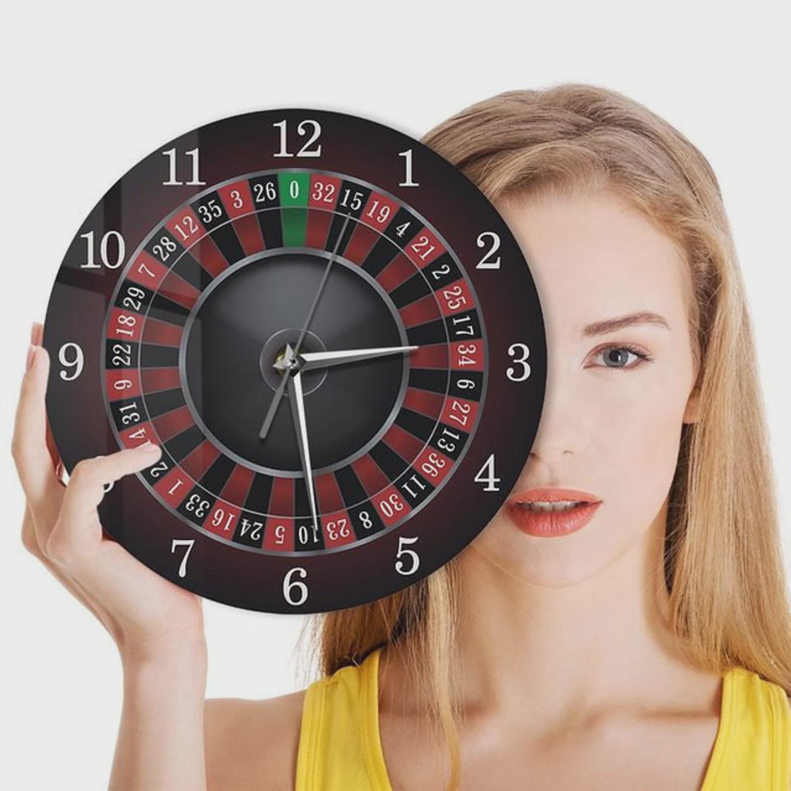 Roulette Wall Clock MDF Print 35x35 cm Casino Decor for Man Cave Las Vegas Style Poker Room Game Room Gambler Gift Wall Art