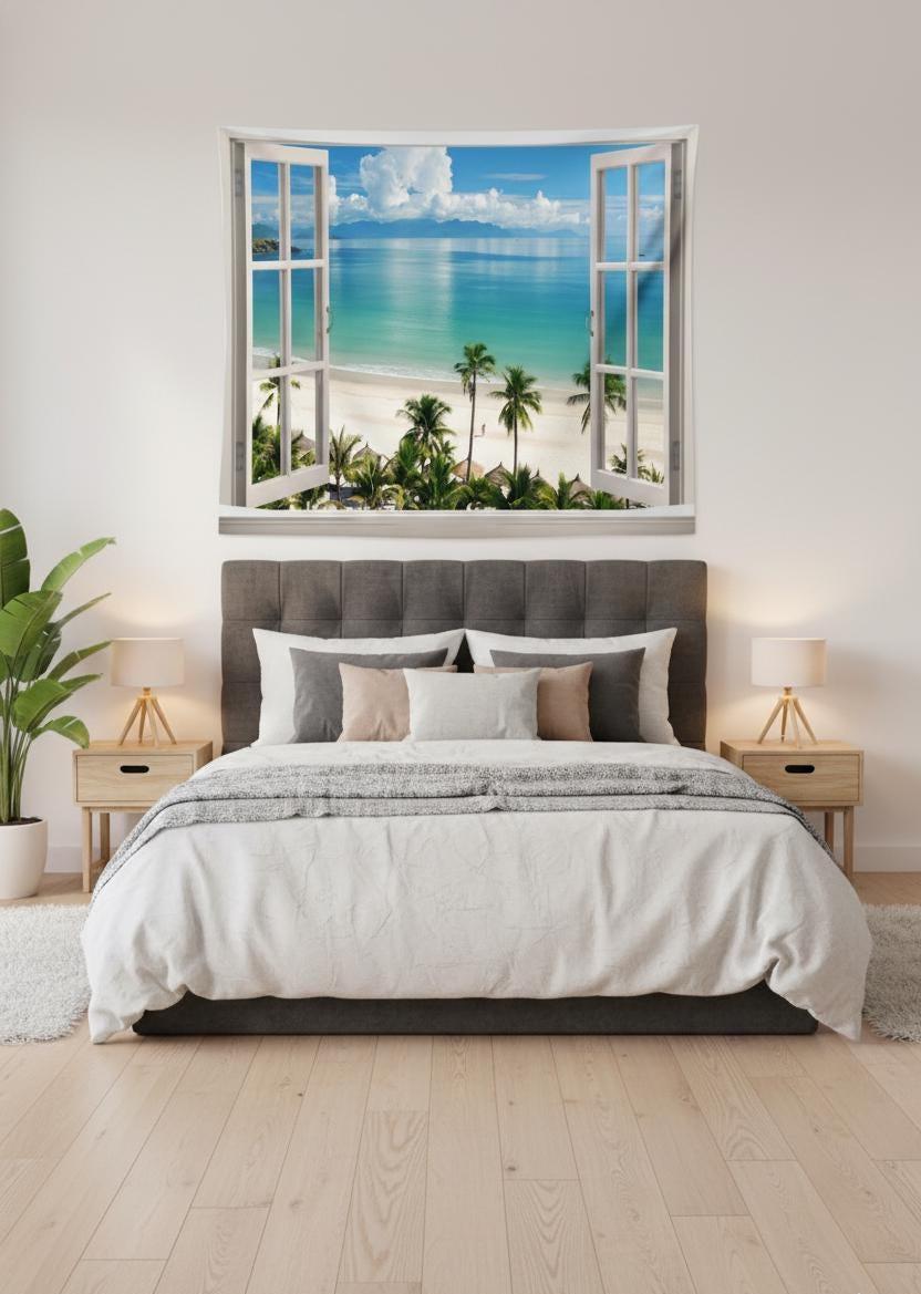Beach Wall Tapestry with Palm Trees, Ocean and Cloud Art