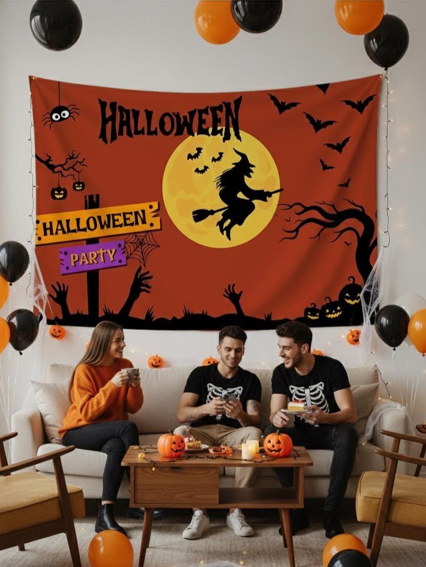 Halloween Witch Wall Tapestry – Spooky Horror Festival Wall Hanging, Gothic Halloween Room Decor, Scary Witch Tapestry