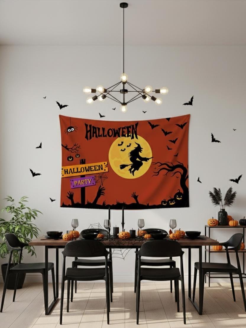 Halloween Witch Wall Tapestry – Spooky Horror Festival Wall Hanging, Gothic Halloween Room Decor, Scary Witch Tapestry