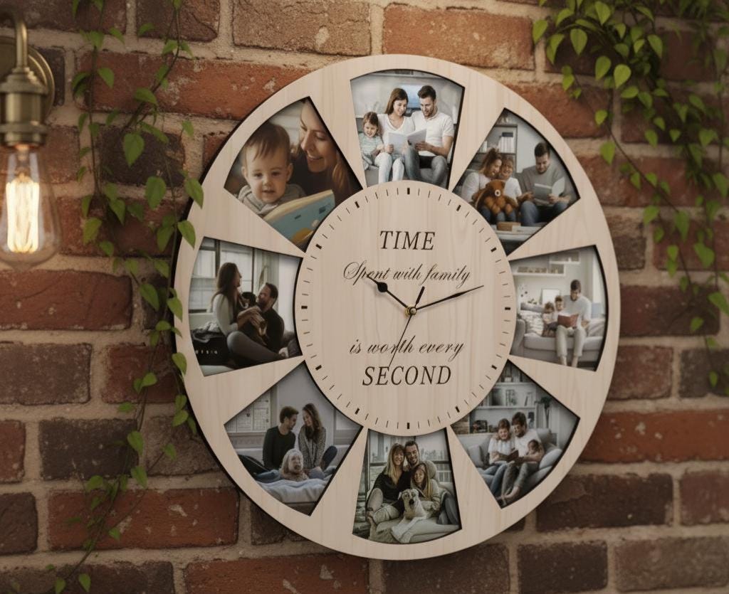Personalized Family Photo Wall Clock with Custom Picture Slots, Rustic Home Decor Gift for Parents, Unique Keepsake Wall Art