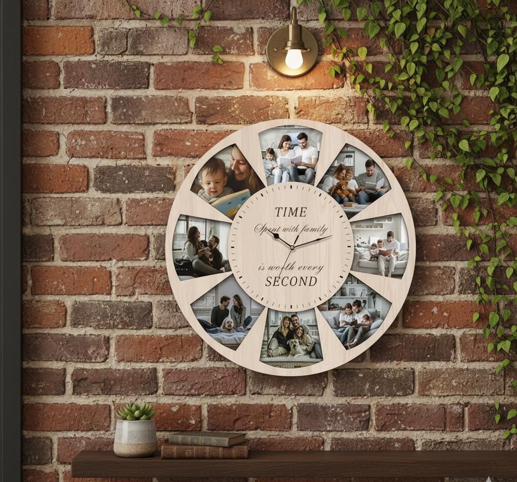 Personalized Family Photo Wall Clock with Custom Picture Slots, Rustic Home Decor Gift for Parents, Unique Keepsake Wall Art