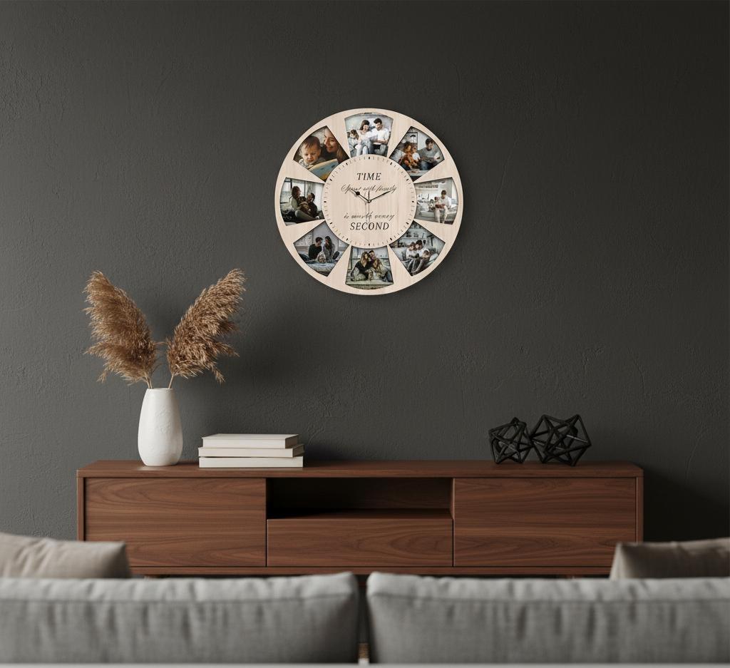 Personalized Family Photo Wall Clock with Custom Picture Slots, Rustic Home Decor Gift for Parents, Unique Keepsake Wall Art