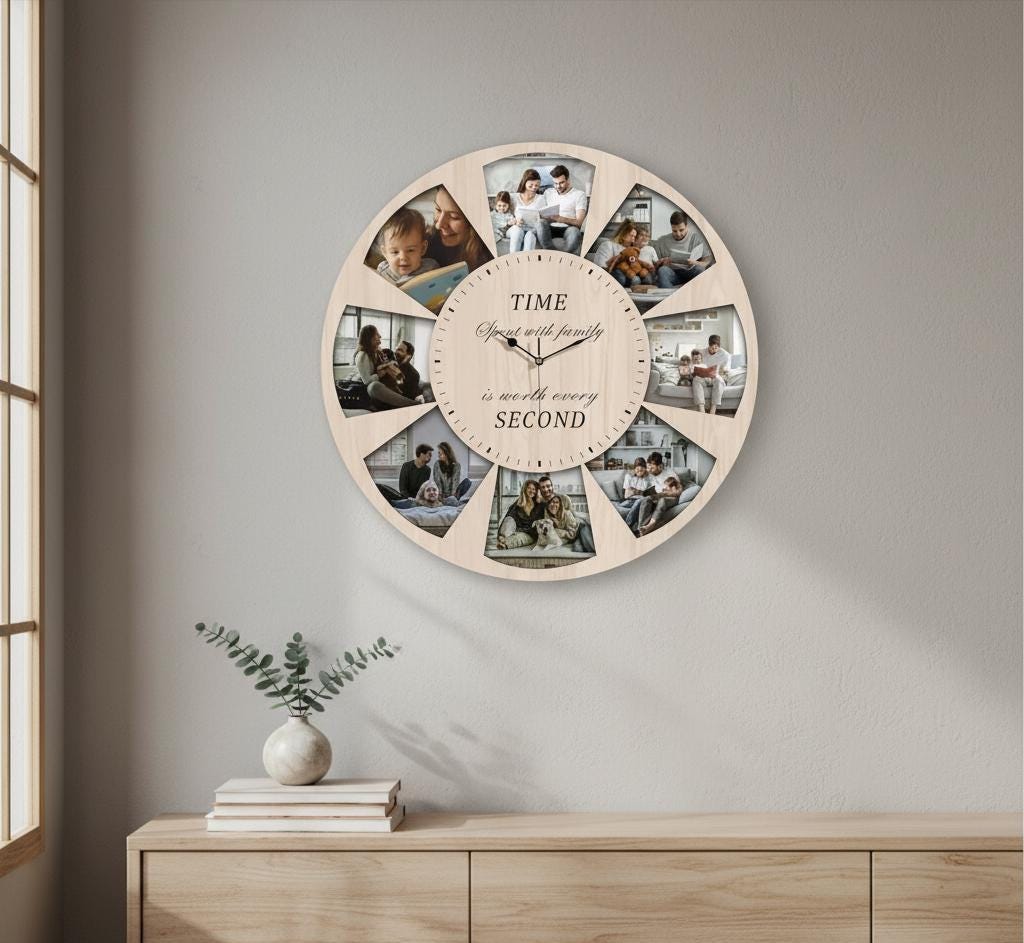 Personalized Family Photo Wall Clock with Custom Picture Slots, Rustic Home Decor Gift for Parents, Unique Keepsake Wall Art