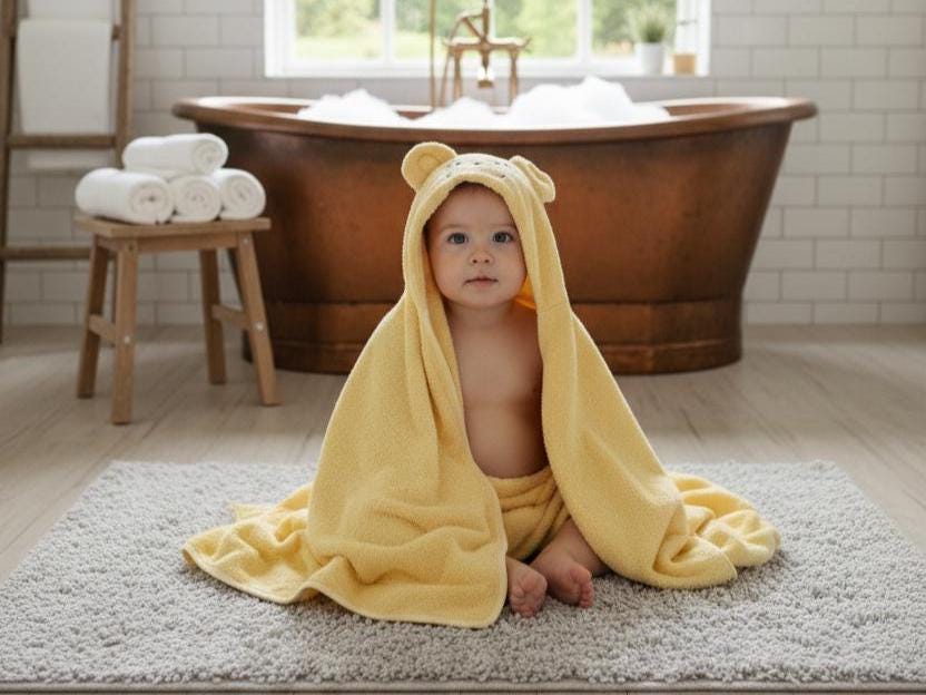 Embroidered Pupy Bear Baby Hooded Towel, Turkish Cotton Bath Wrap (100x100cm)
