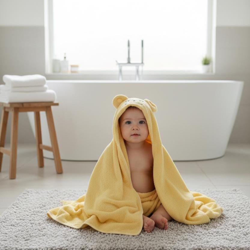Embroidered Pupy Bear Baby Hooded Towel, Turkish Cotton Bath Wrap (100x100cm)
