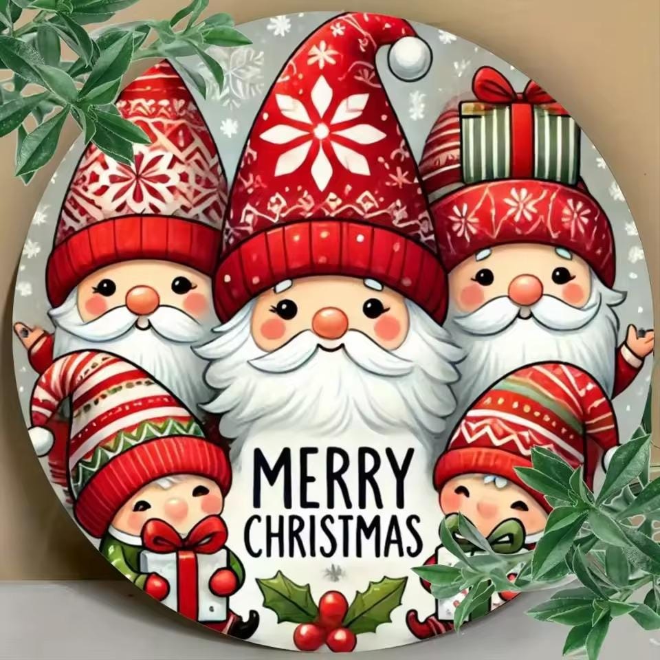 Gnome Christmas Wall Art, Merry Holiday MDF Sign, 2D Printed Round Christmas Decor, Cute Gnome Tin Sign Style Wall Hanging