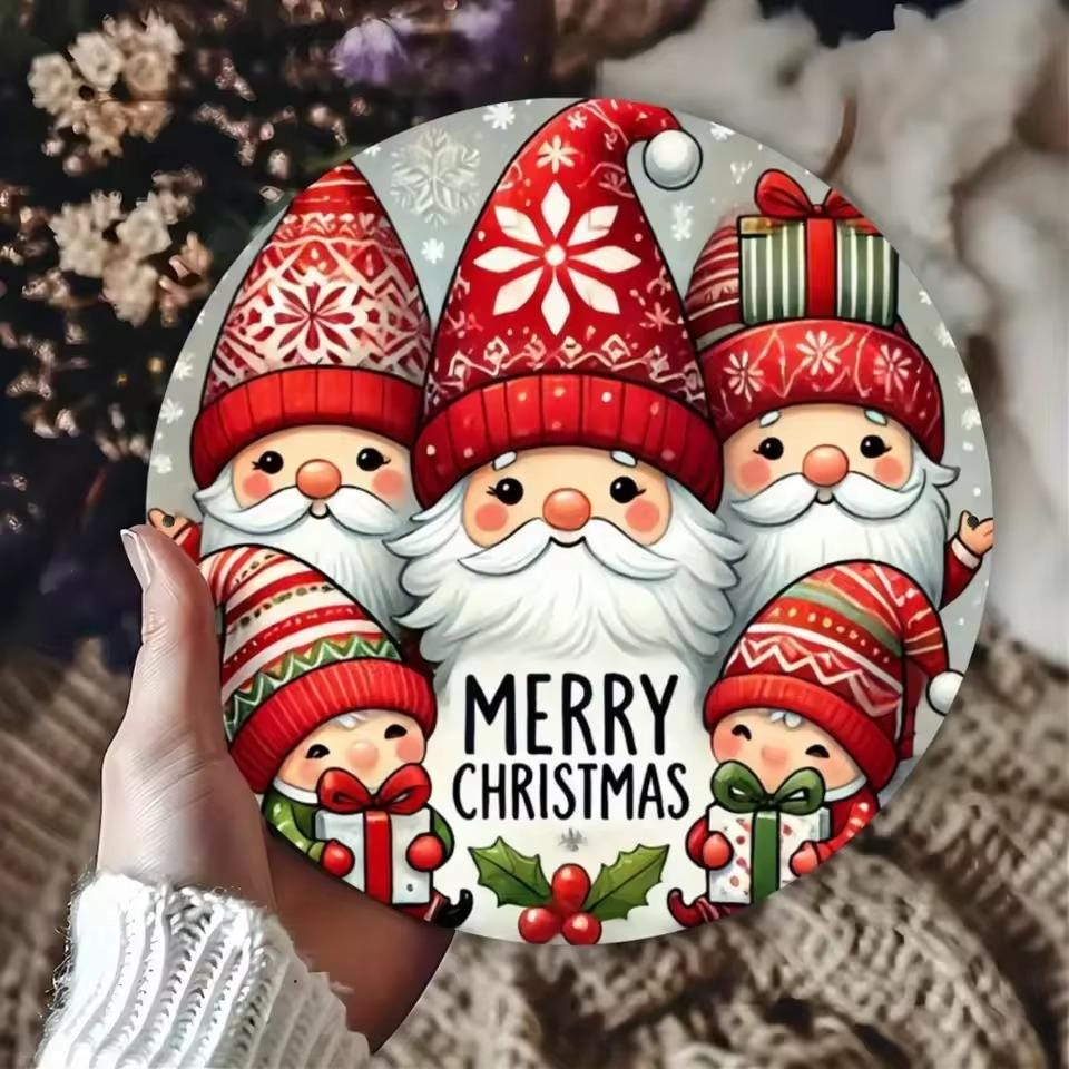 Gnome Christmas Wall Art, Merry Holiday MDF Sign, 2D Printed Round Christmas Decor, Cute Gnome Tin Sign Style Wall Hanging