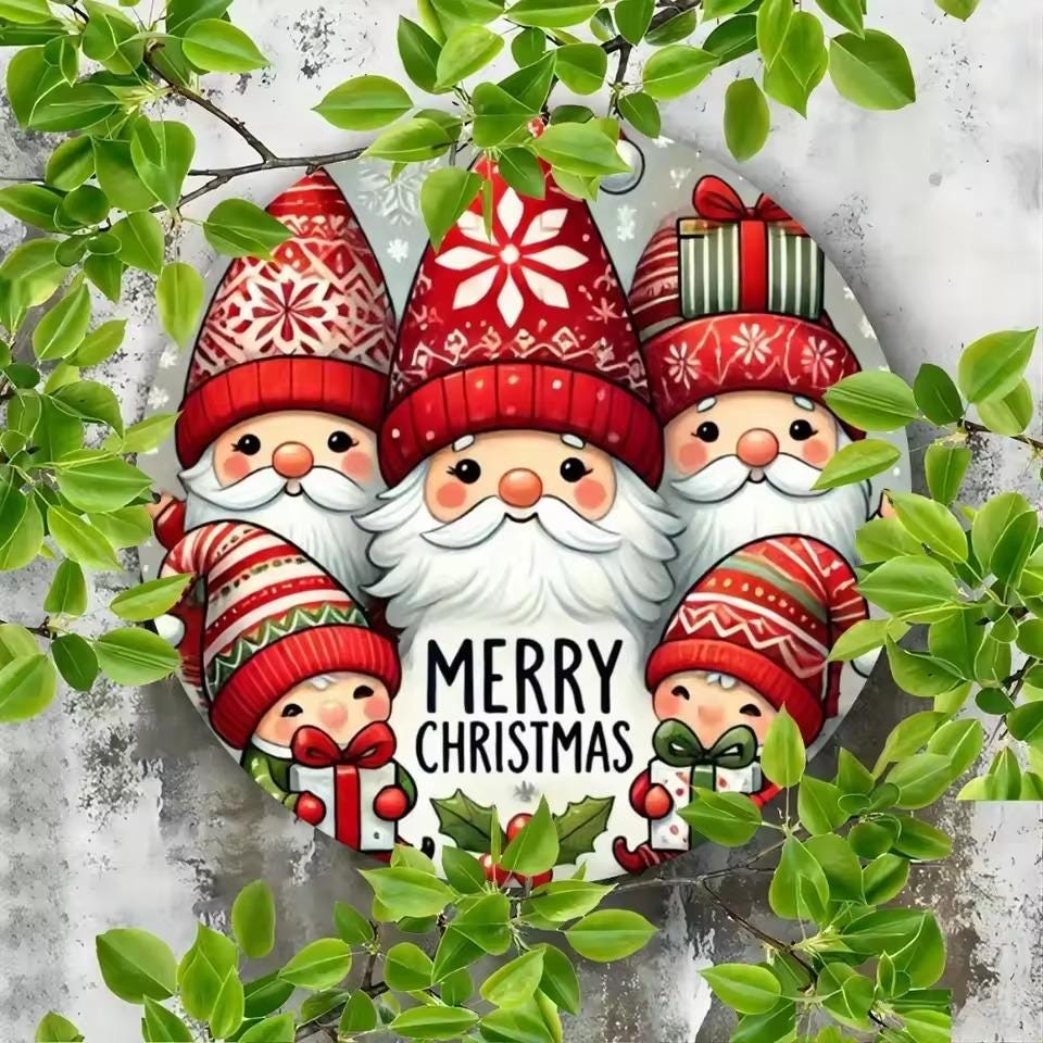 Gnome Christmas Wall Art, Merry Holiday MDF Sign, 2D Printed Round Christmas Decor, Cute Gnome Tin Sign Style Wall Hanging