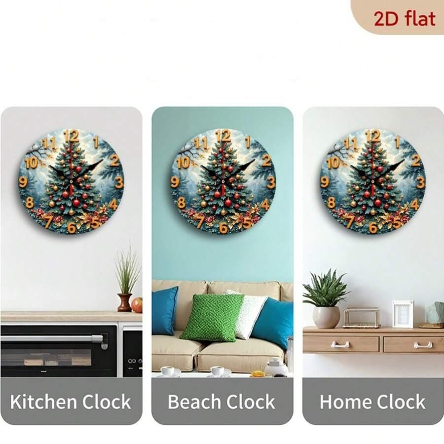 Christmas Tree Wooden Wall Clock 10”, 2D Flat Printed MDF Clock, Holiday Round Wall Decor, Festive Home Decoration & Gift Idea