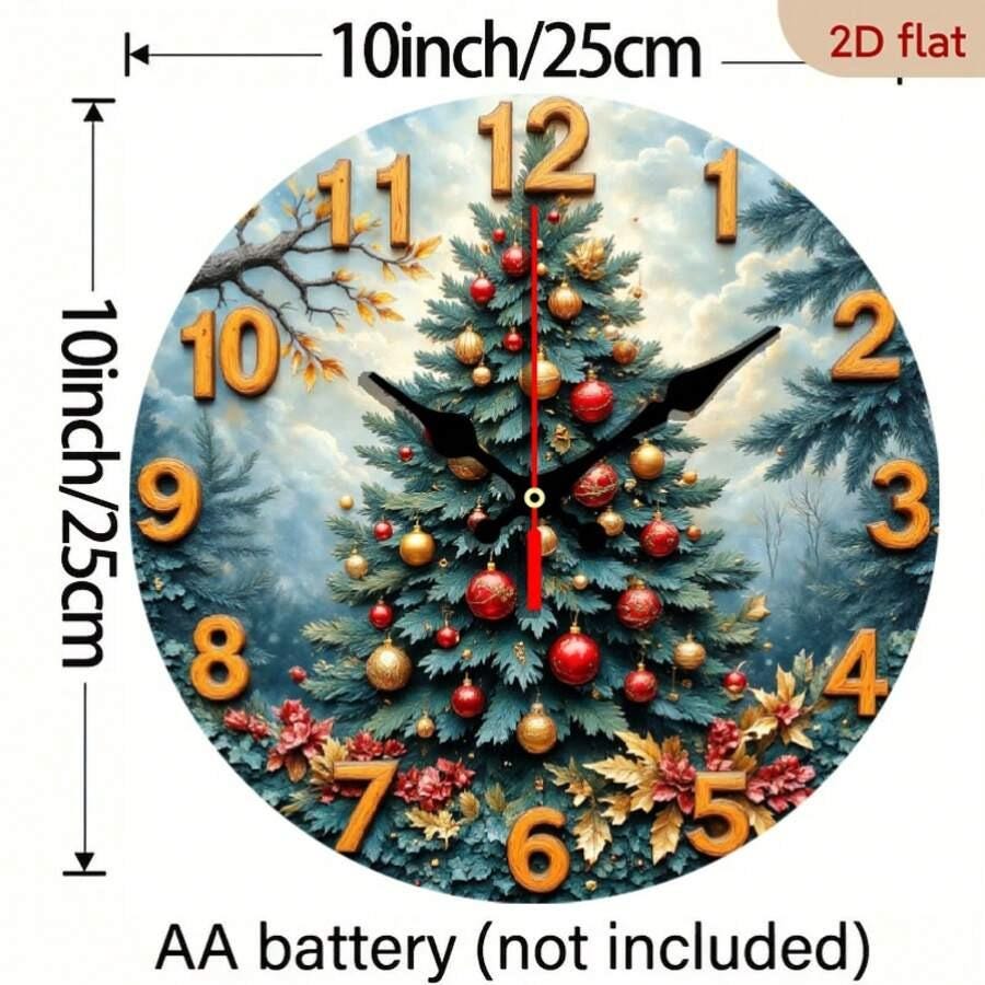 Christmas Tree Wooden Wall Clock 10”, 2D Flat Printed MDF Clock, Holiday Round Wall Decor, Festive Home Decoration & Gift Idea