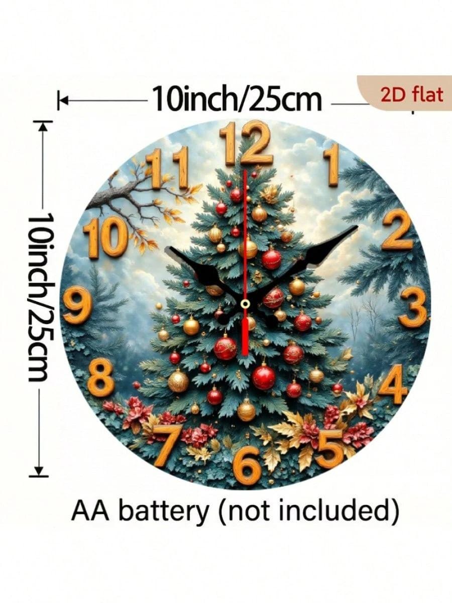 Christmas Tree Wooden Wall Clock 10”, 2D Flat Printed MDF Clock, Holiday Round Wall Decor, Festive Home Decoration & Gift Idea
