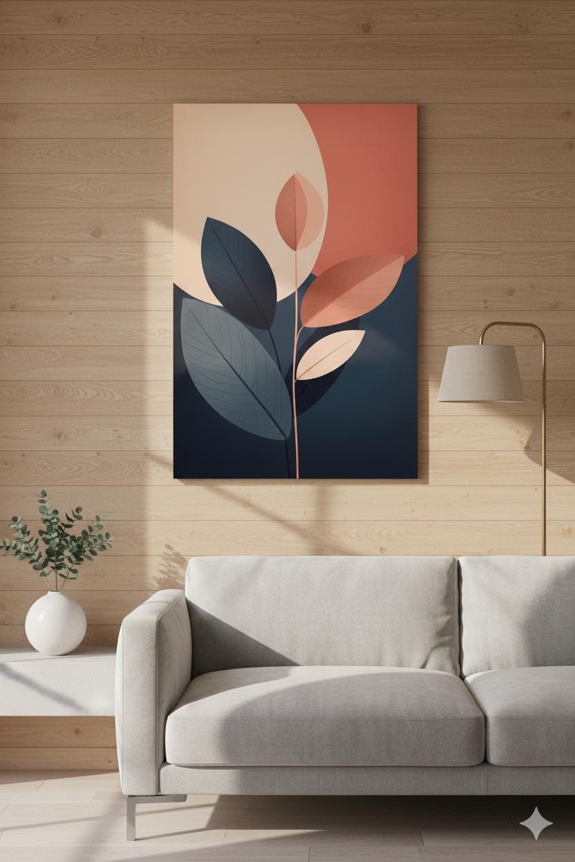 Abstract Botanical Wall Art Printed on MDF, Modern Plant Artwork for Living Room, Minimal Nature Print Home Decor Panel Painting