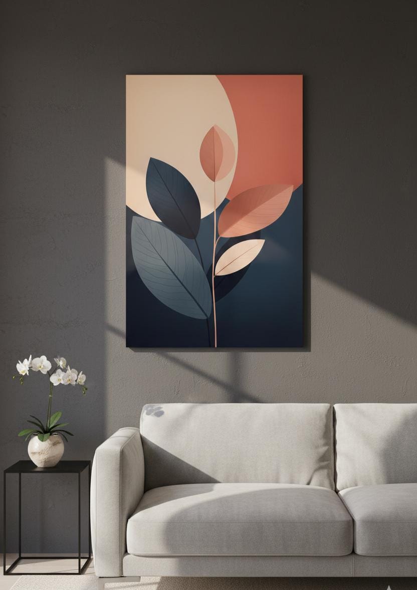 Abstract Botanical Wall Art Printed on MDF, Modern Plant Artwork for Living Room, Minimal Nature Print Home Decor Panel Painting