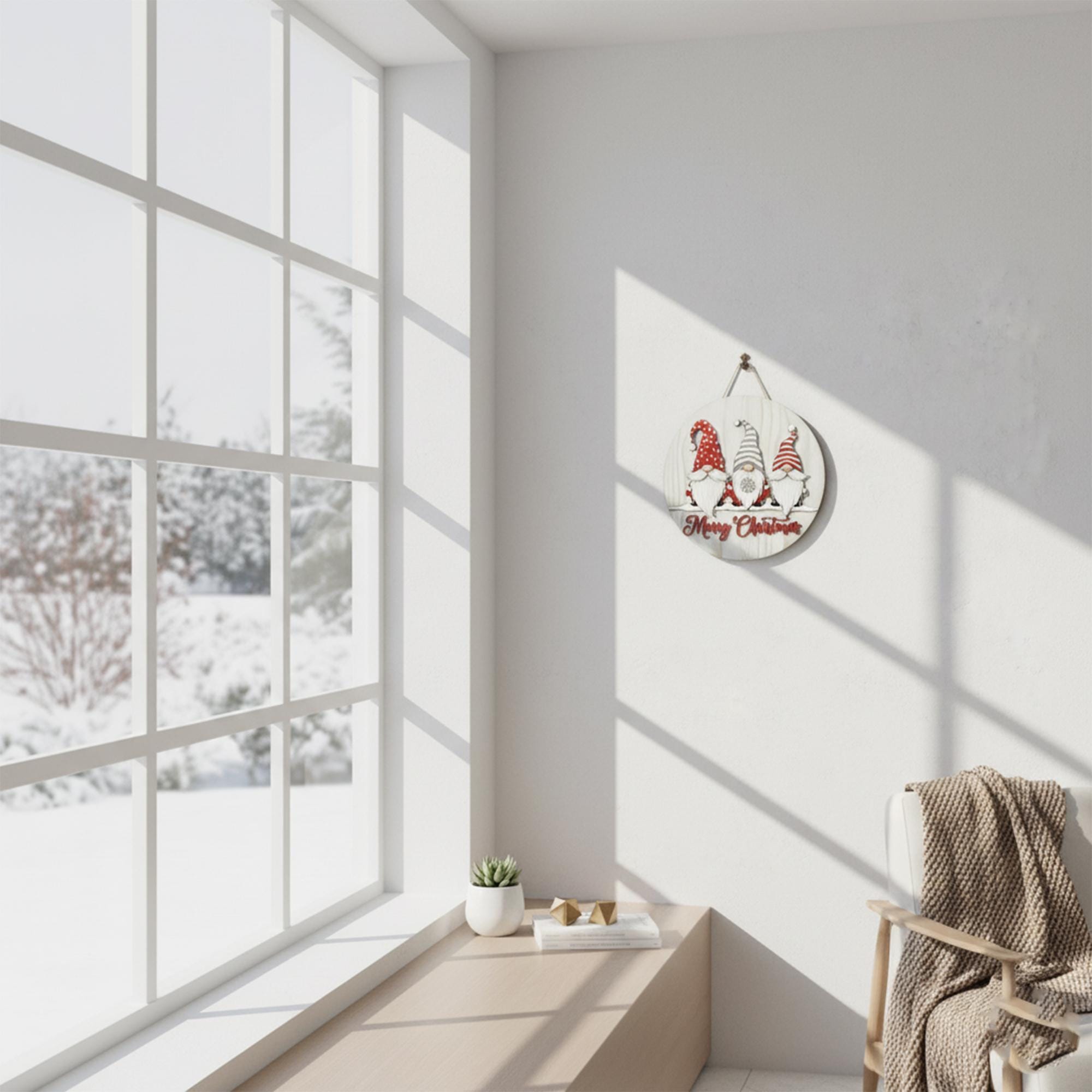 Merry Christmas Door Sign with Three Gnomes, Rustic Holiday Porch Decor,  Halloween Wreath 2D Printed