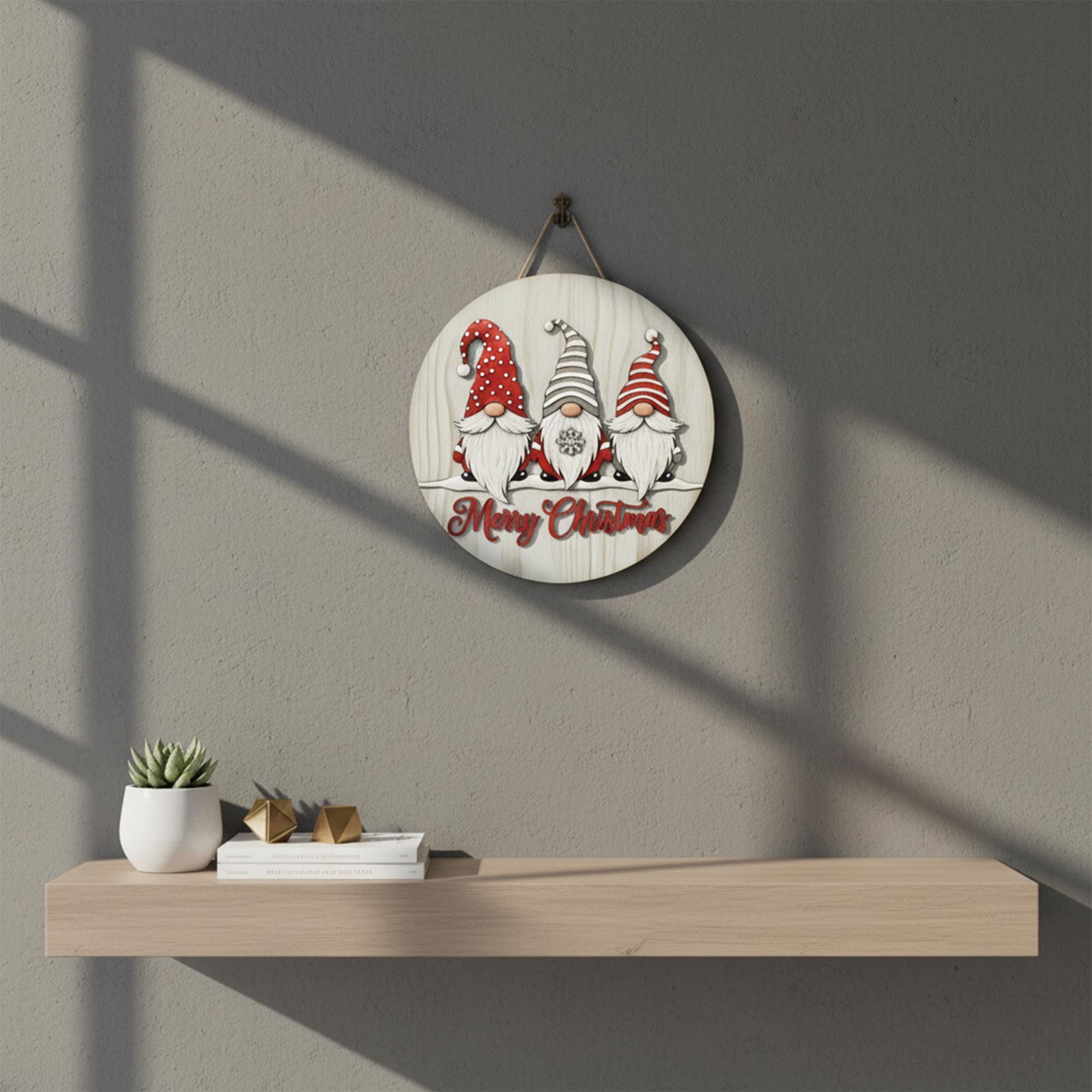 Merry Christmas Door Sign with Three Gnomes, Rustic Holiday Porch Decor,  Halloween Wreath 2D Printed