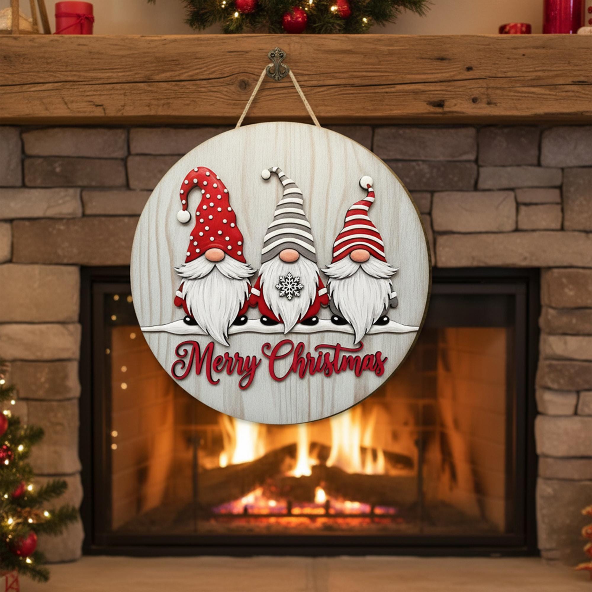 Merry Christmas Door Sign with Three Gnomes, Rustic Holiday Porch Decor,  Halloween Wreath 2D Printed