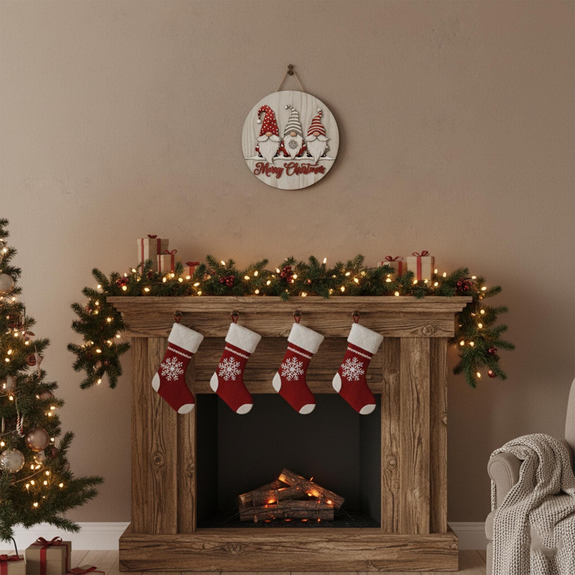 Merry Christmas Door Sign with Three Gnomes, Rustic Holiday Porch Decor,  Halloween Wreath 2D Printed