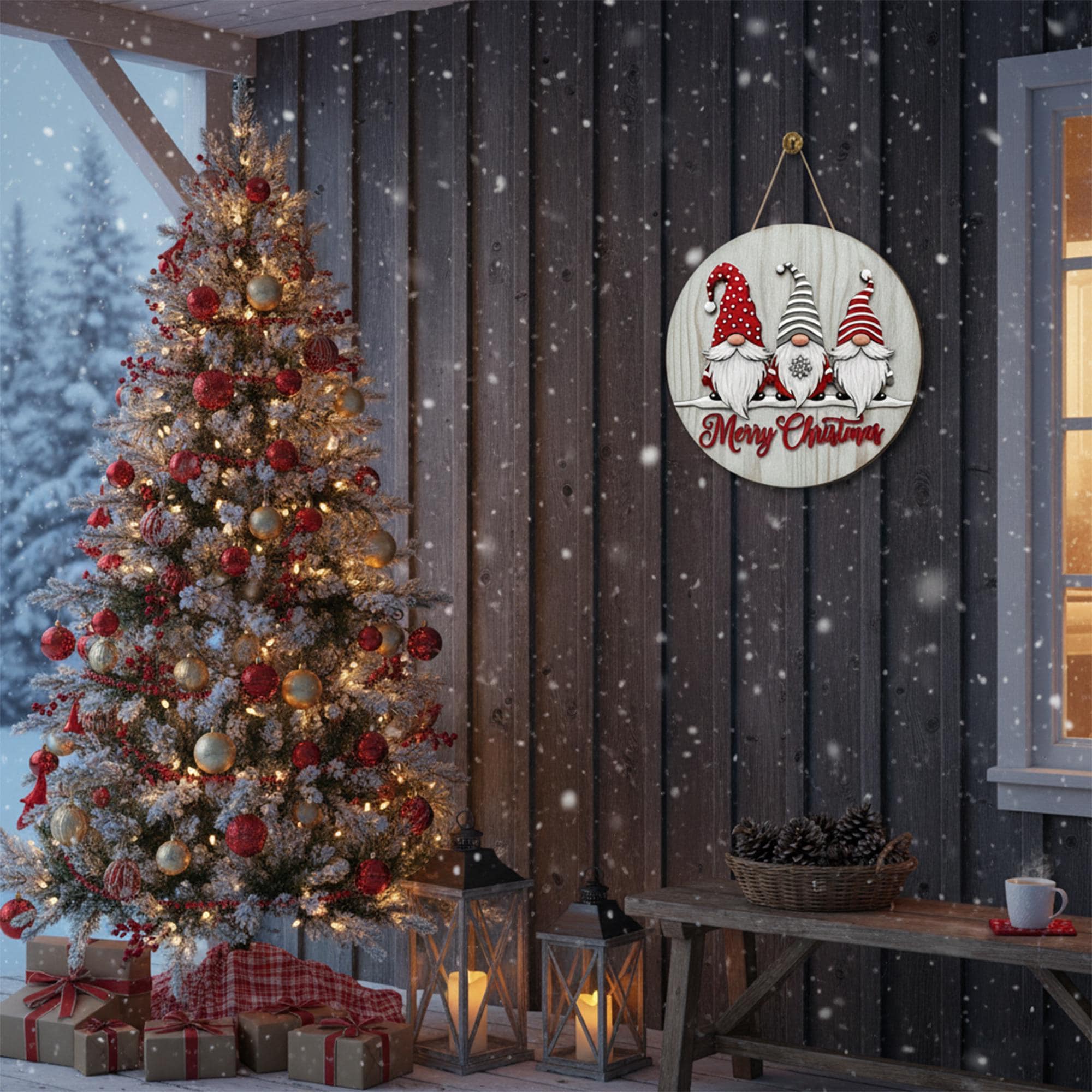 Merry Christmas Door Sign with Three Gnomes, Rustic Holiday Porch Decor,  Halloween Wreath 2D Printed